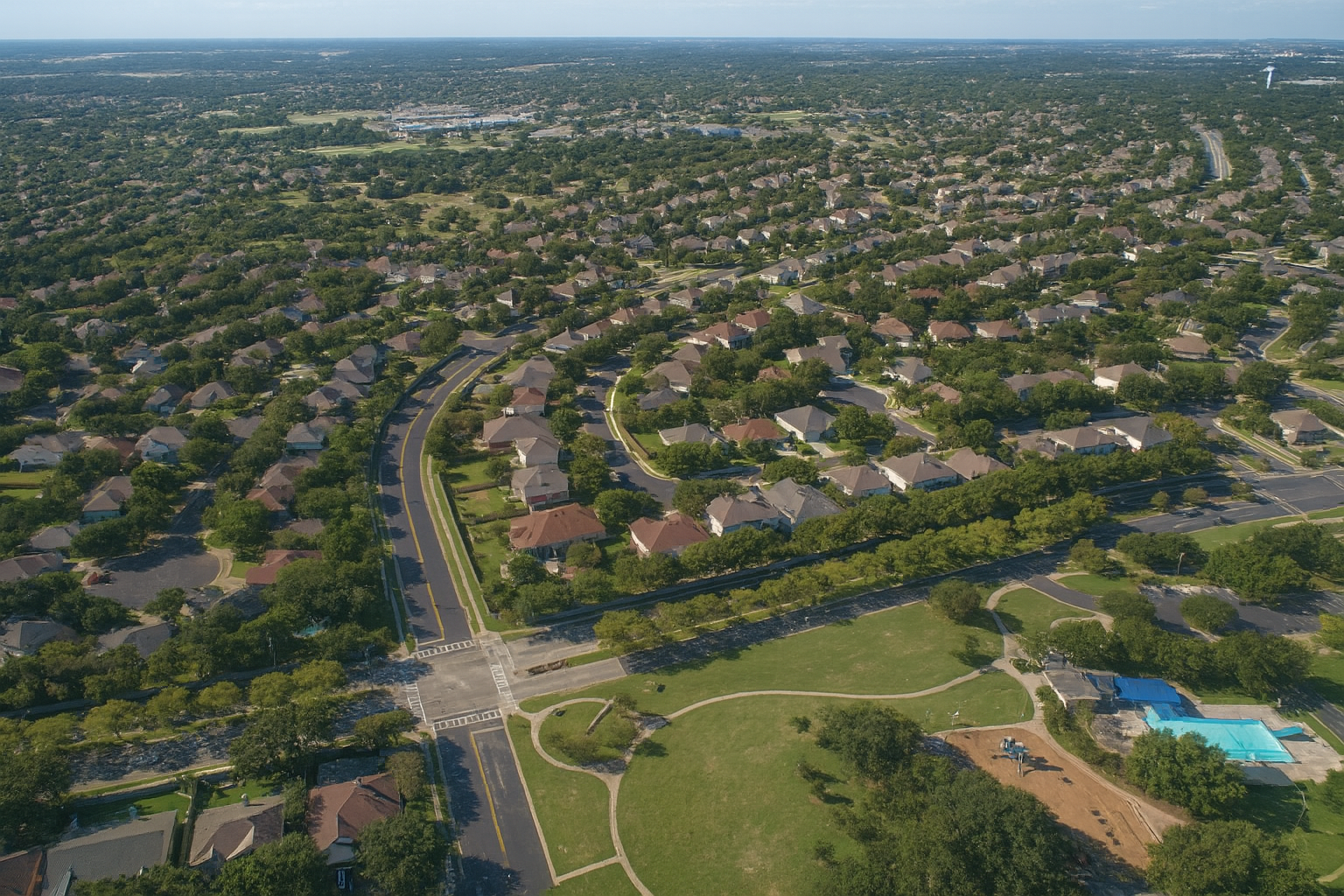 Aerial view of beautiful Williamson County neighborhood